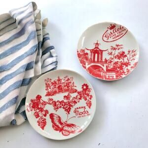 Anthropologie red toile Chinoiserie Salad Dessert Plate Set 2 butterfly chinese
